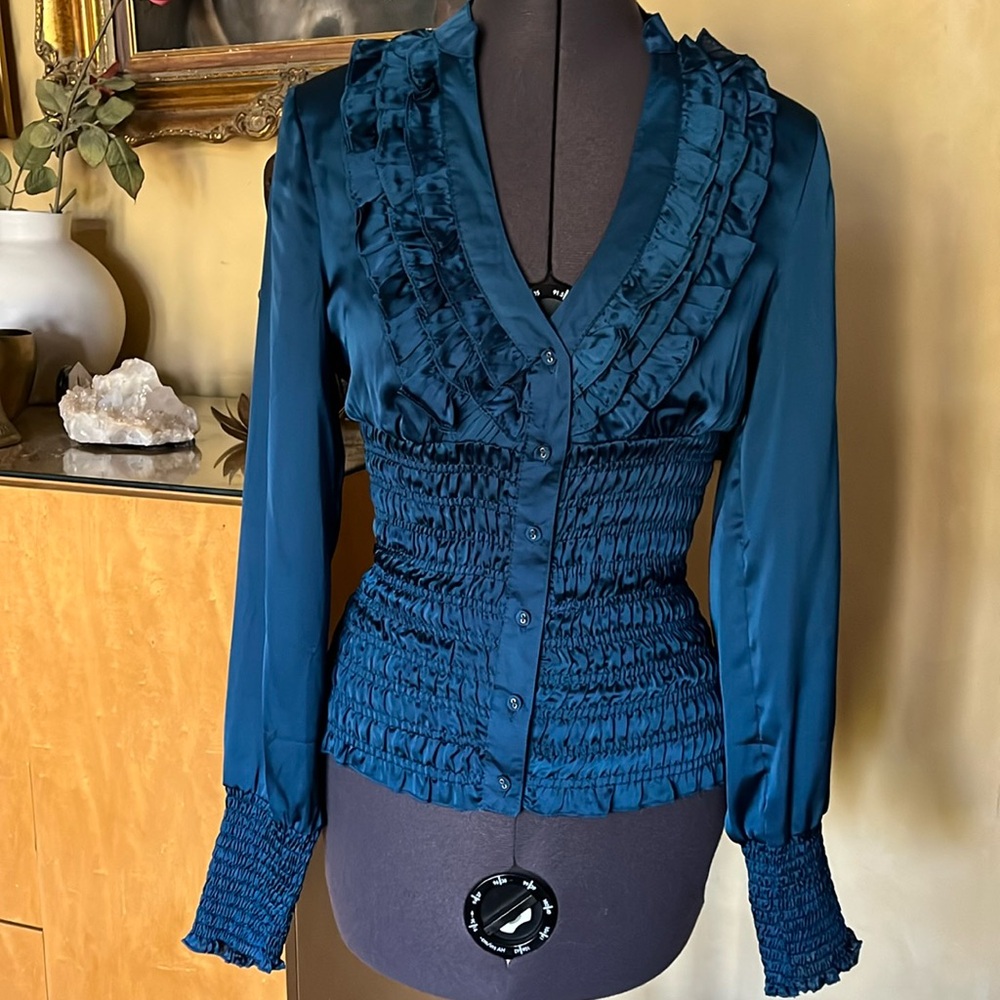 Teal ruffed blouse size S nwt